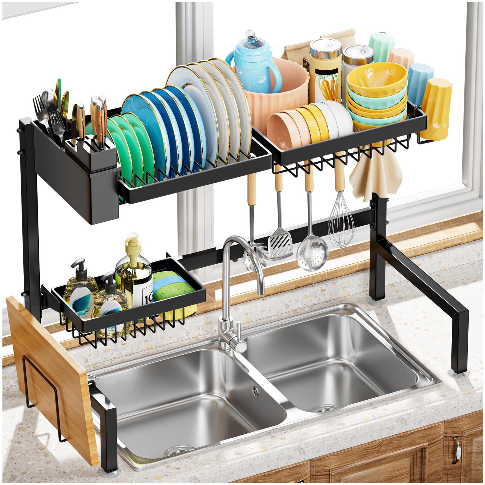 YKLSLH Over The Sink Dish Drying Rack 2 Tiers, for All Sinks (26.57"-35"),Expandable Large Capacity Sink Rack, Metal Drying Rack for Kitchen and Family Use Image