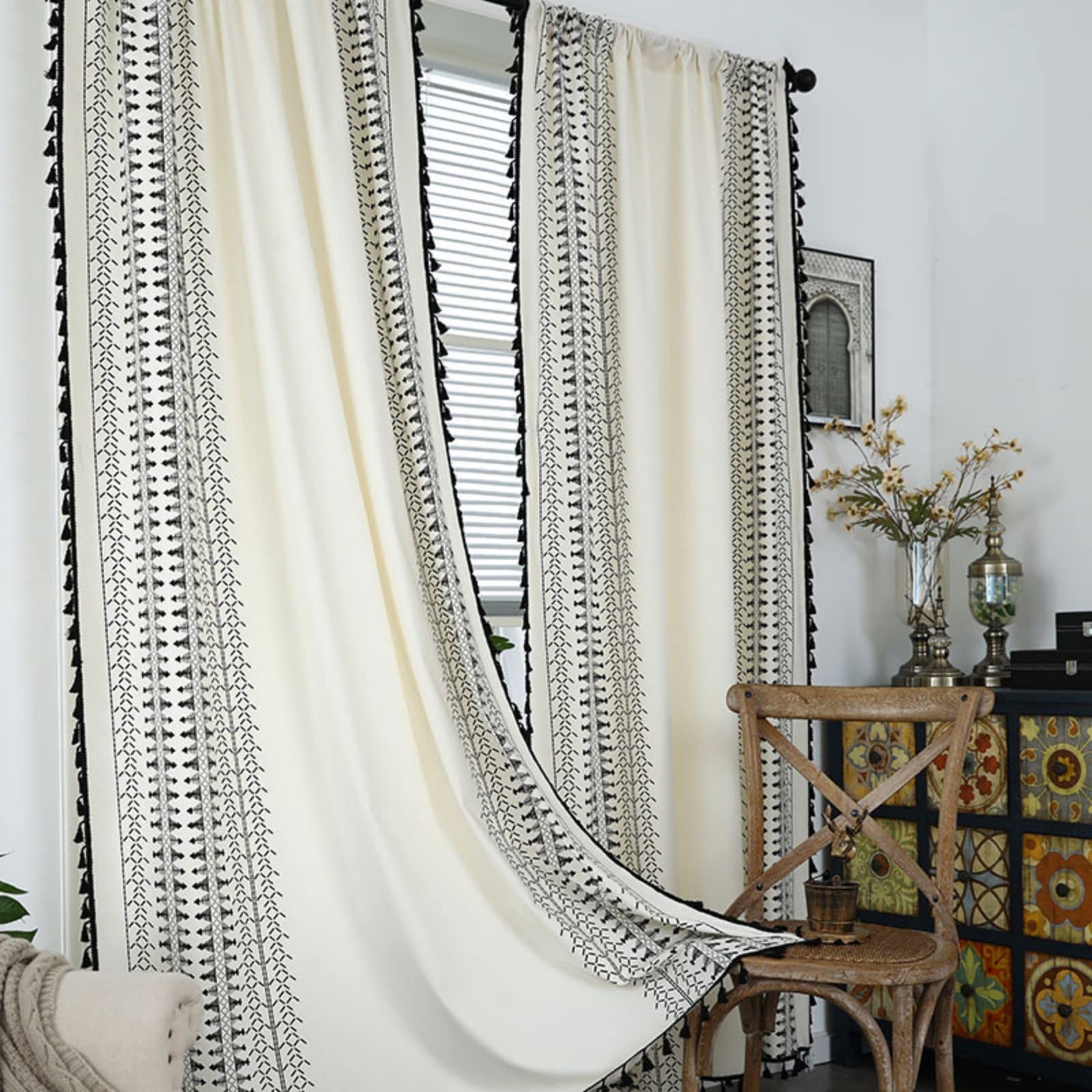 USTIDE Cotton Semi-Blackout Curtains 150x160cm, Black and White Boho Farmhouse Geometric Pattern with Tassels, Tribal Ethnic Design for Bedroom & Living Room, 2 Panels