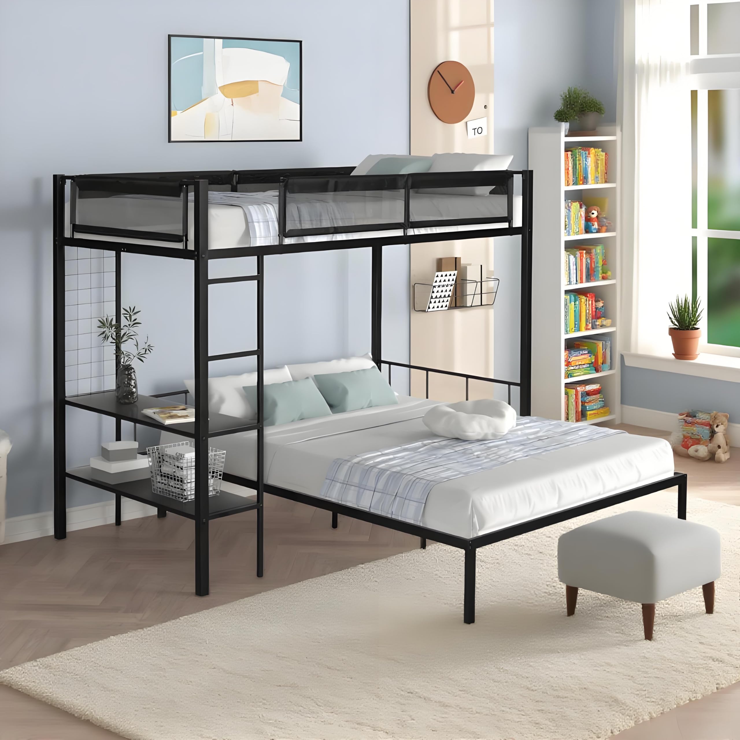 Photo 1 of *Only Box 1 of 2*______________LINKHOO Bunk Bed Twin Over Full Size with Desk and Grid Panel L-Shaped Metal Bunk Bed with Guardrails, Ladder & Storage Shelves Loft Beds, Converts Into 2 Beds, No Box Spring Needed,Black