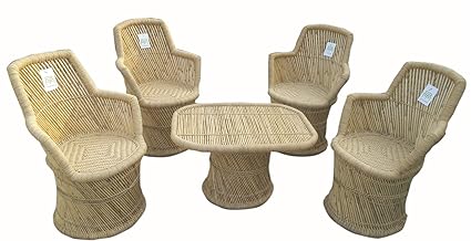 Ecowoodies Bamboo Sitting Chair and Table Furniture Set of 4 for Garden, Lawn, Balcony and Terrace (4 Chairs + 1 Table)