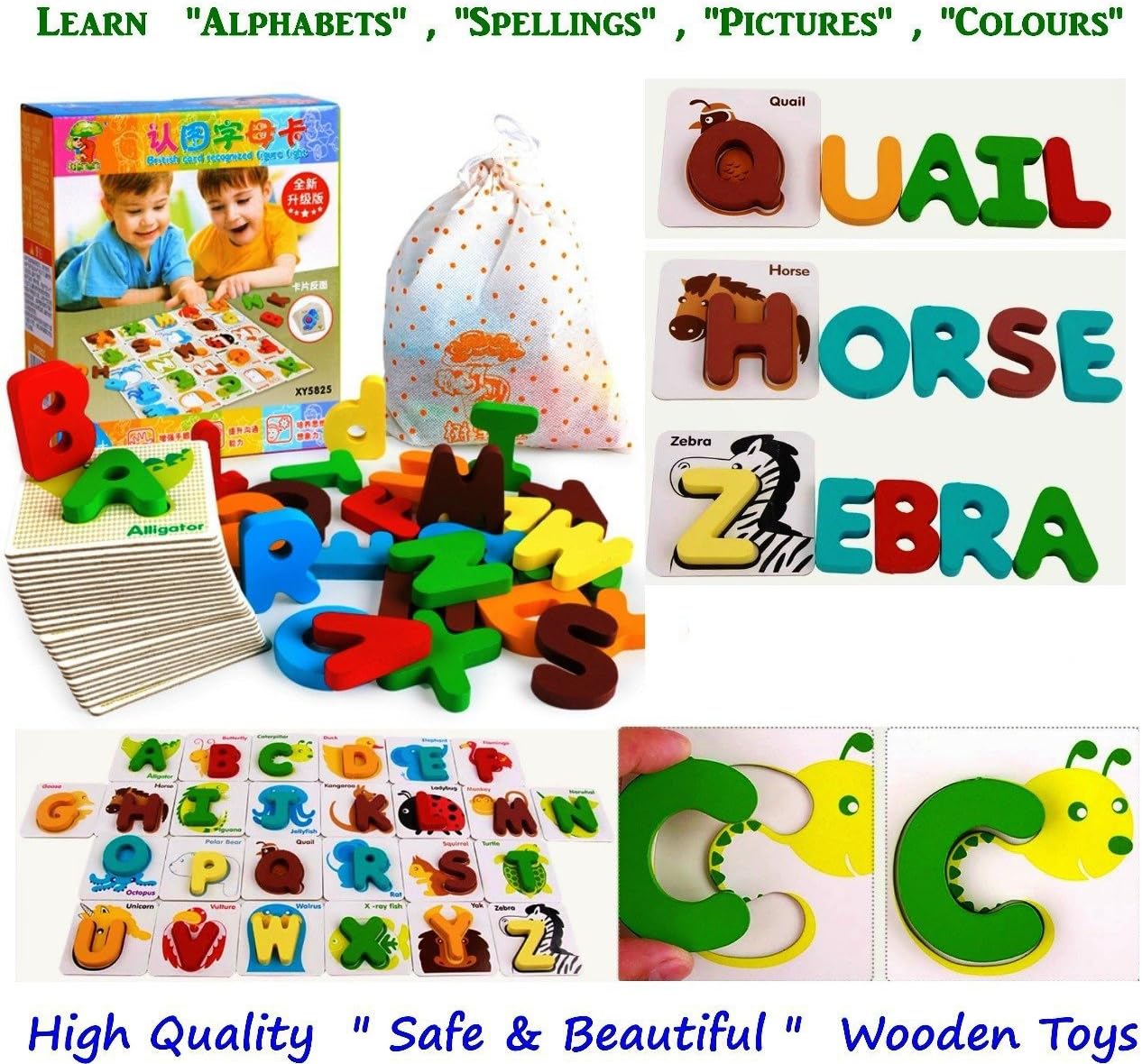 Happy GiftMart Kids and Infants Wooden 4 in 1 Toy Learn ABC Alphabet Animals Colours, Spelling Toddlers, 22x18x4cm (Multicolour) - Pack of 26