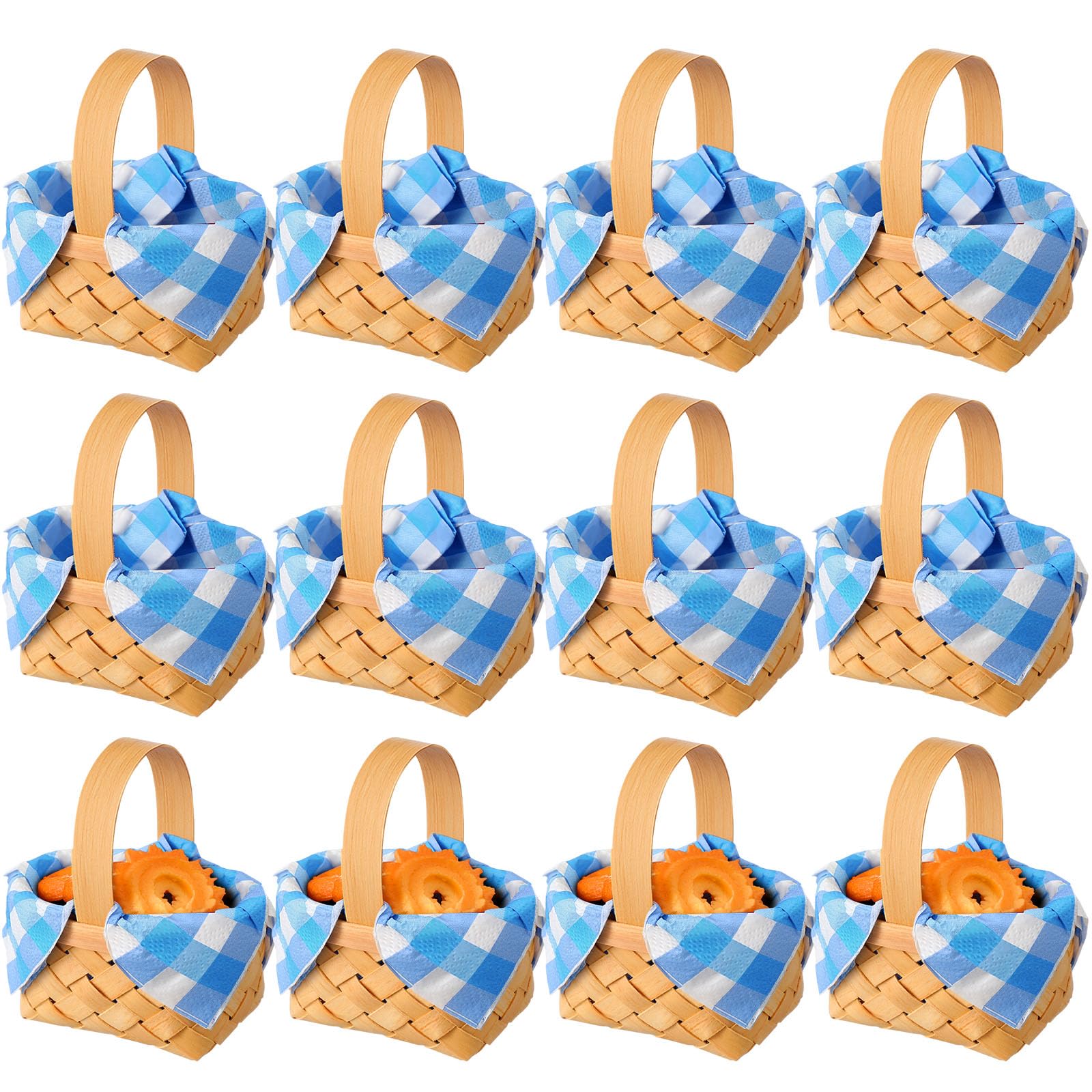 Photo 1 of Geelin 12 Pcs Mini Woven Baskets with Handles 20 Sheets Blue and White Gingham Paper Napkins Wood Chip Mini Flower Fruit Picnic Baskets for Wedding Birthday Baby Shower Party Gifts Decoration