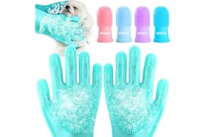 VIWIK Dog Bath Gloves with 4Pack Dog Toothbrush, Dog Grooming Kit, Dog Finger Toothbrush for Small Breed, Medium Large Dogs, Silicone Dog Washing Gloves with High-Density Teeth, Green