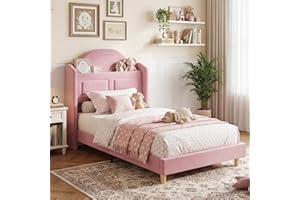 Twin Bed Frame for Kids, Upholstered Velvet Platform Bed for Boys/Girls with Wingback, Storage Bookcase Headboard & LED Light
