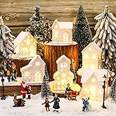 Zubebe 23 Pcs Christmas Village Sets Winter Village Houses Accessories LED Street Lights Trees Miniature Christmas Figurines Scene Desktop Ornament for Indoor Room Landscape Xmas Holiday Party Decor