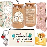 HAOQINA 8 PCS Best Teacher Ever Gift Set 16oz Coffee Glass with Lid & Straw, Cozy Socks, Pouch Bag, Keychain & Greeting Card Christmas Teachers Appreciation Gifts for Women (Best Teacher Ever-g05)