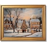 Gold Framed Vintage Christmas Village Landscape Wall Art Classic Winter Scene Poster Pine Tree Snowy Town Canvas Prints Nostalgic Holiday Painting Picture for Bedroom Home Decor 12x16inch