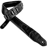 Walker &amp; Williams G-105 Black on Black 2' Wide Guitar Strap with Padded Glove Leather Back For Acoustic, Electric, And Bass Guitars