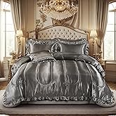 Grey Comforter Set with Satin Sheet Set Full 8 Pieces Silk Like Satin Bedding Set Luxury Silky Ruffle Pattern Home Deocr Sexy Hotel Silky Bed Set with 1 Cushion Cover