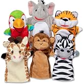 Melissa &amp; Doug Safari Buddies Plush Hand Puppets 6-Piece Pretend Play Set | 6 Plush Safari Animal Hand Puppets, Elephant, Tiger, Parrot, Giraffe, Monkey, Zebra, Washable, Toddler Toys for kids, Ages 2+