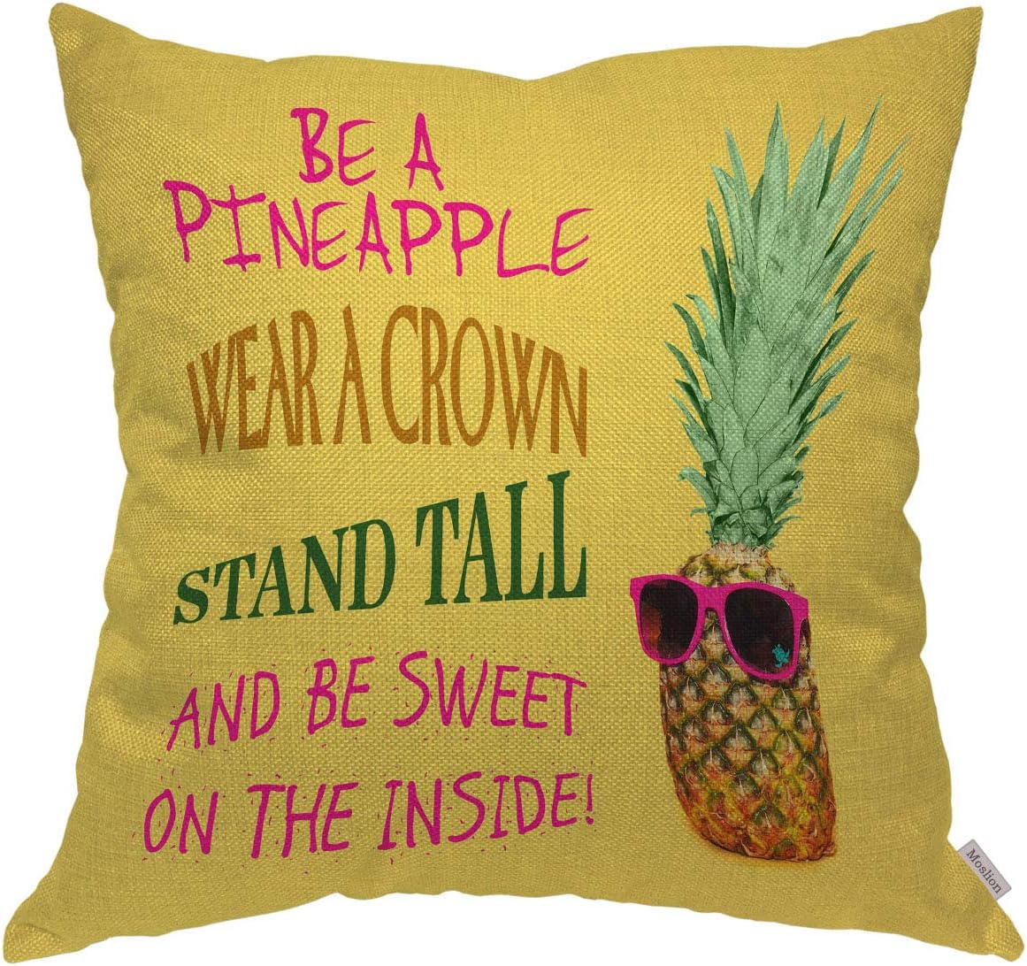 Moslion Throw Pillow Cover Case Funny Pineapple Quotes Wear A Crown Stand Tall Be Sweet Inside Cotton Linen Cushion Covers for Couch/Sofa/Kitchen/Boy Gilrs Bedroom Livingroom 18 x 18 inch Pillow case