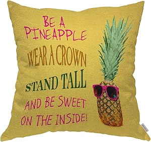 Moslion Throw Pillow Cover Case Funny Pineapple Quotes Wear A Crown Stand Tall Be Sweet Inside Cotton Linen Cushion Covers for Couch/Sofa/Kitchen/Boy Gilrs Bedroom Livingroom 18 x 18 inch Pillow case