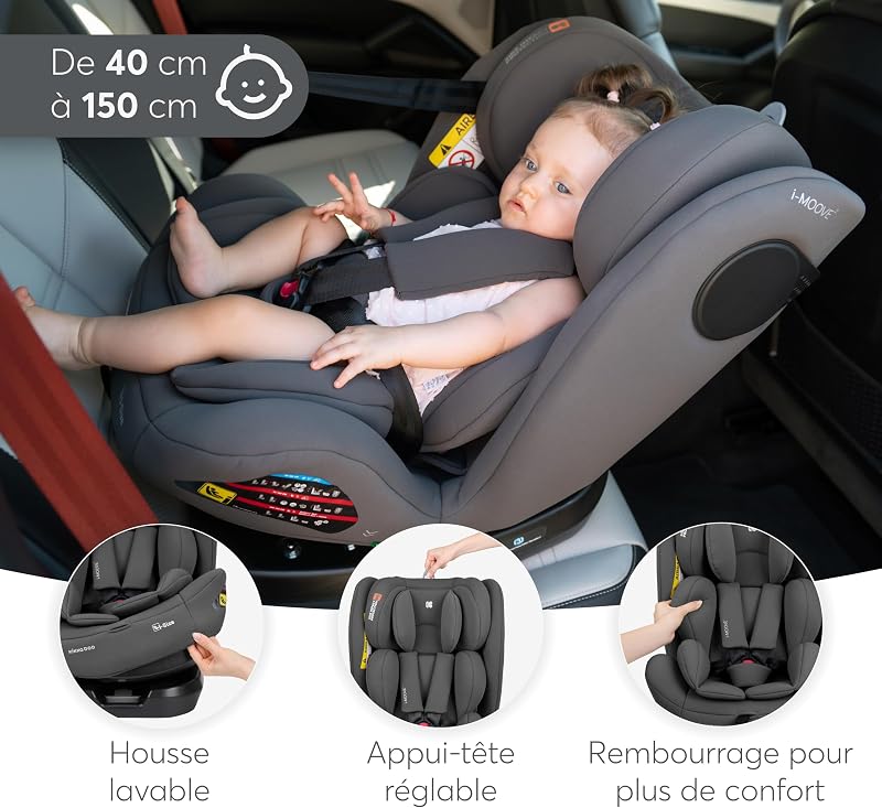 KikkaBoo Siège Auto Bébé 0 à 36 kg (40-150 cm) i-MOOVE 2, Rotation 360°, ISOFIX, i-Size, Dos & Face à la Route, Appuie-tête Réglable, Inclinable, Noir