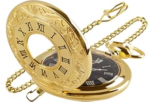 Realpoo Hollow Roman Digital Scale Men's Quartz Pocket Watches, Quartz Pocket Strap with Chain for Men