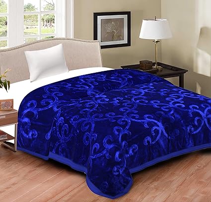 Spangle Floral Embossed Mink Double Blanket Blue