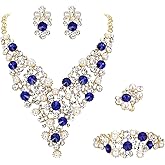 BriLove Wedding Bridal Simulated Pearl Crystal Rhinestones Cluster Statement Necklace Link Bracelet Dangle Earrings Ring Set for Women