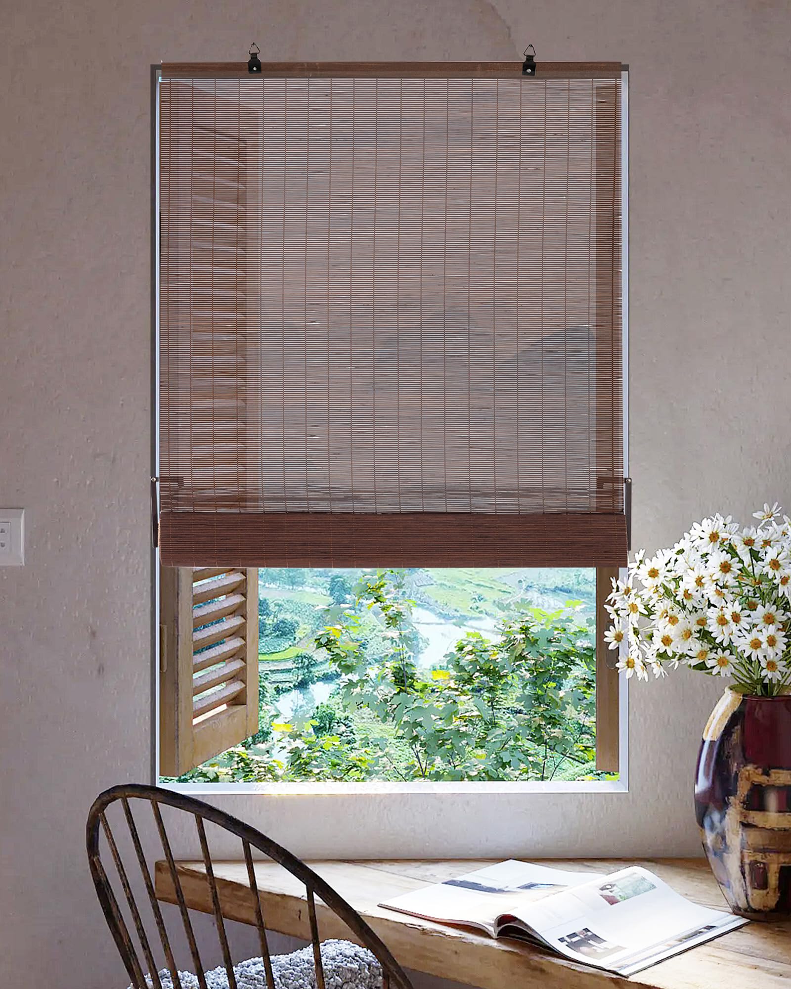 Photo 1 of Chryeiiu 60''W X 72''H Cordless Bamboo Roman Shades, Light Filtering Roll Up Bamboo Matchstick Blinds for Interior Window Home Patio Porch, Drak Brown