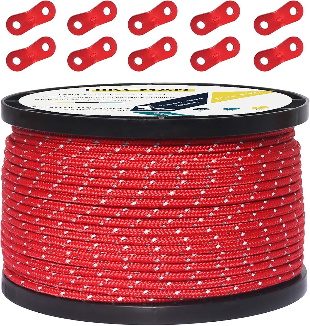 HIKEMAN 50M Reflective Nylon Tent Guy Rope 3mm with 10 Aluminum Tensioners