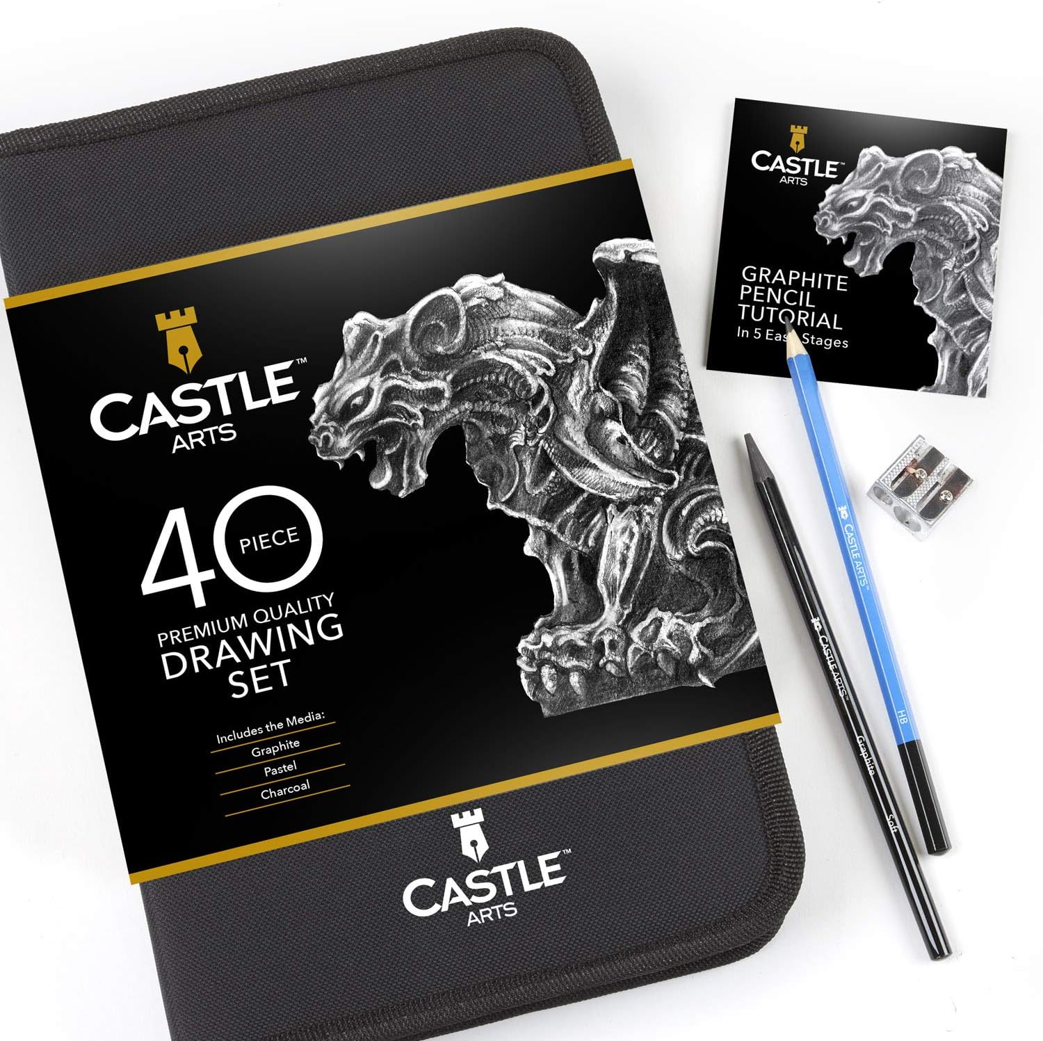 Castle Art Supplies Graphite Drawing Pencils and Sketch Set (40-Piece Kit), Complete Artist Kit Includes Charcoals, Pastels and Zippered Carry Case, Includes Rare Pop-Up Stand