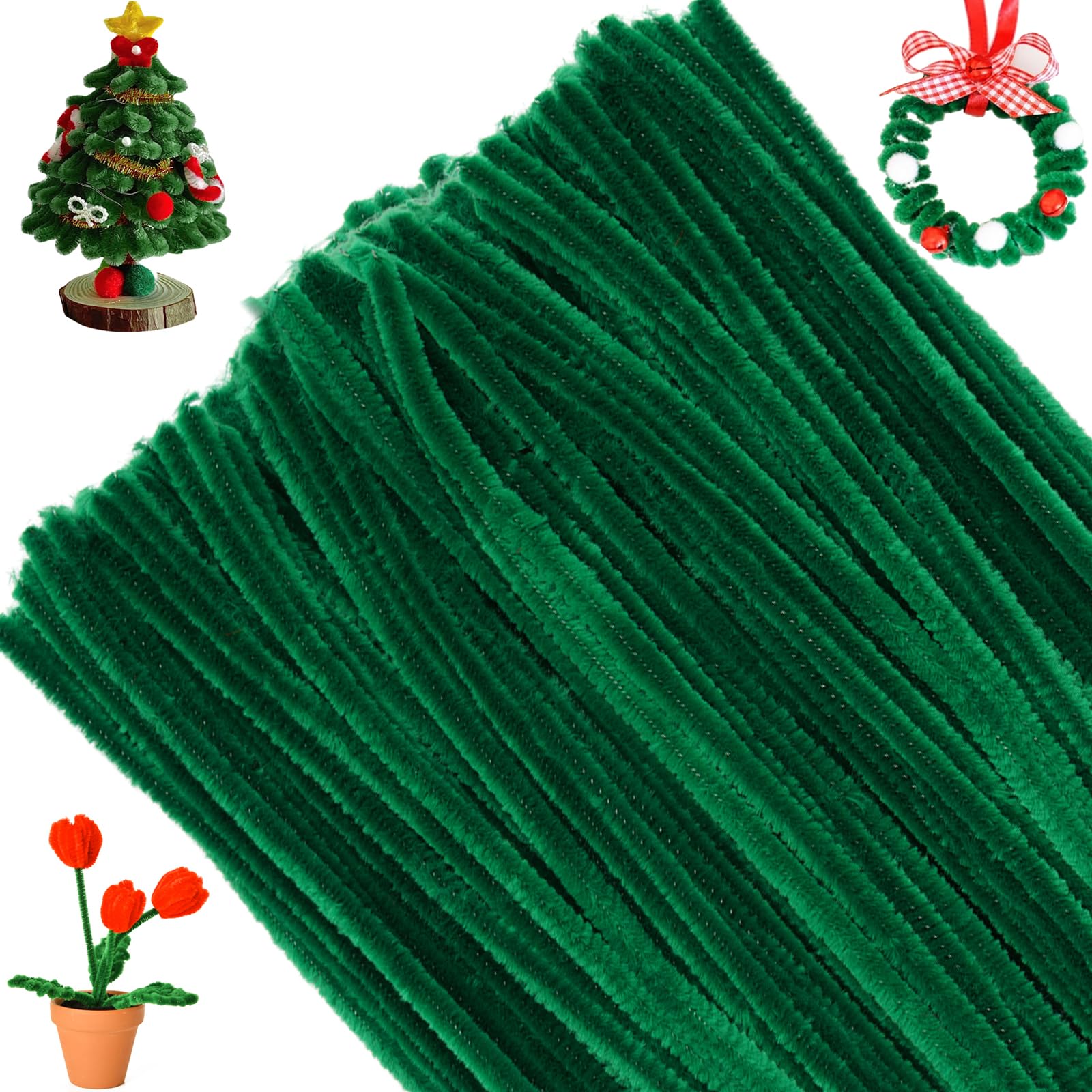 G2PLUS Dark Green Pipe Cleaners for Craft, 30cm Long Crafting Chenille Stem for DIY, 100PCS for Christmas Tree Project Decoration