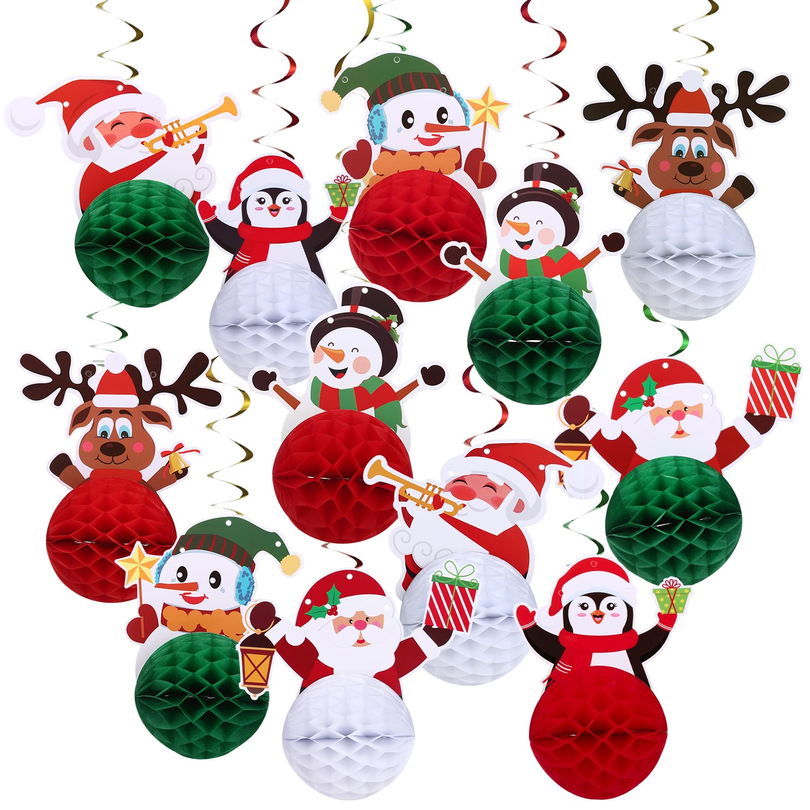 GWHOLE 12PCS Christmas Ceiling Decorations Paper Honeycomb Decoration Red Green and White Ornament for Hanging Xmas Decor Party Decorations