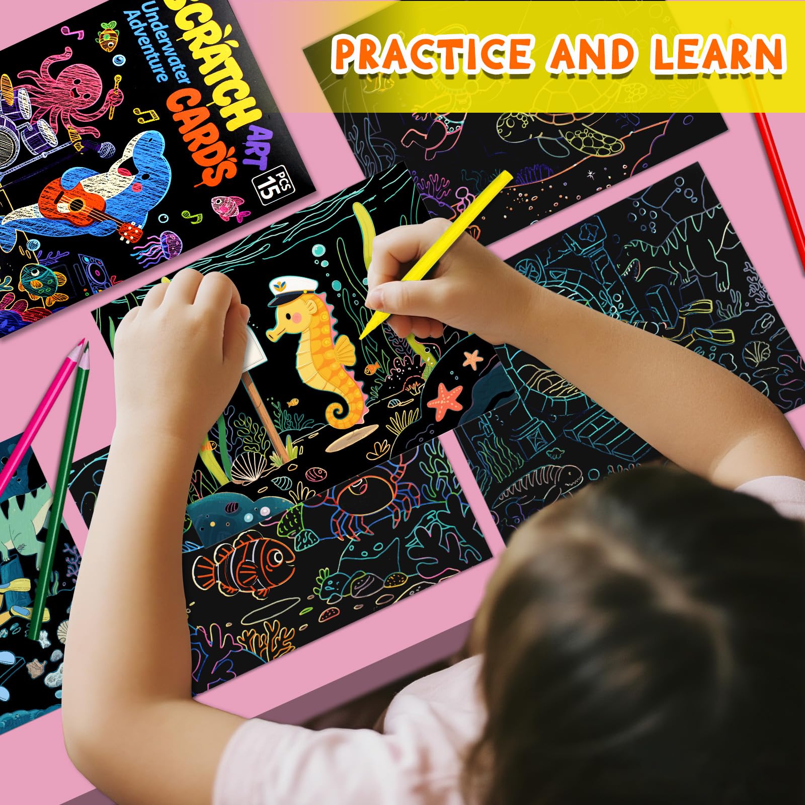 KSIWRE 15PCS Magic Scratch Paper Art Set, Underwater World Adventure Theme Drawing Art Book with Scrach Pen