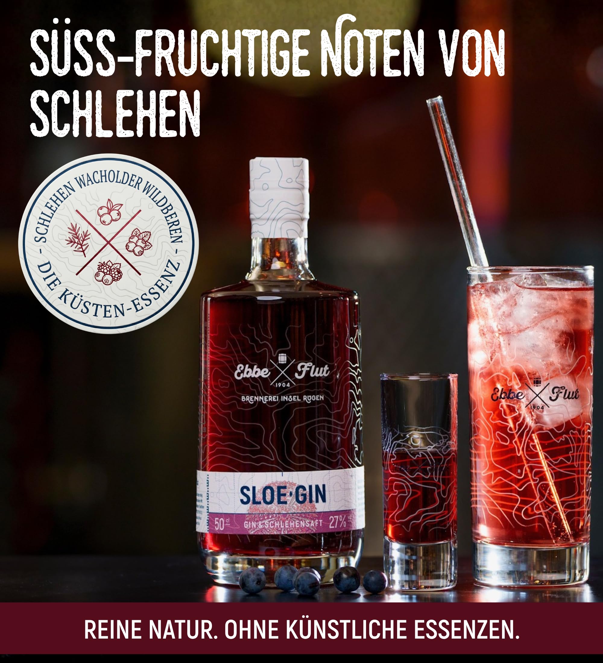 Ebbe & Flut Sloe Gin 500ml | Handgemachter Schlehen Gin von der Insel Rügen | Mit regionalen Schlehen verfeinert | Fruchtig-süß & würzig | Premium Genuss aus Deutschland | 27% vol. Alkohol 3