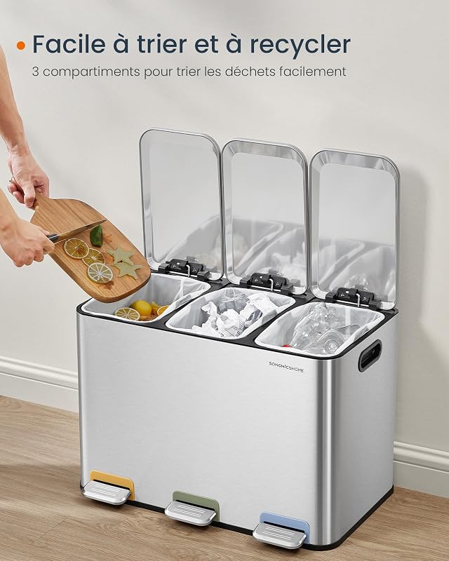 Poubelle Triple de Cuisine, Poubelle Recyclage 3 x 15 L avec Pédales Couleur, Système de Séparation Déchets, avec Couvercles et Seaux Intérieurs, Acier, Argent Métallique LTB740E45V1
