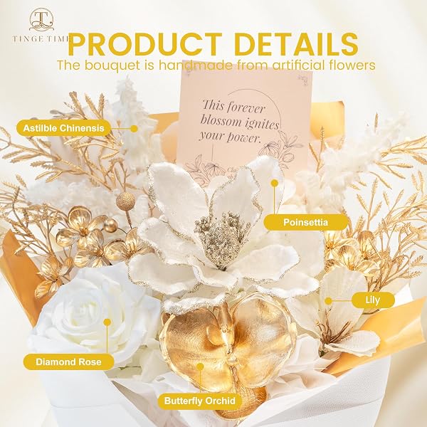 TINGE TIME PRESERVED FLOWERS BOUQUET, PLATINUM FAUX ROSE BOUQUETS, ETERNAL ROSES BOUQUET FOR WEDDING, TABLE CENTERPIECES, MOTHERS DAY, BIRTHDAY GIFTS, ANNIVERSARY, GRADUATION(WHITE & GOLD)