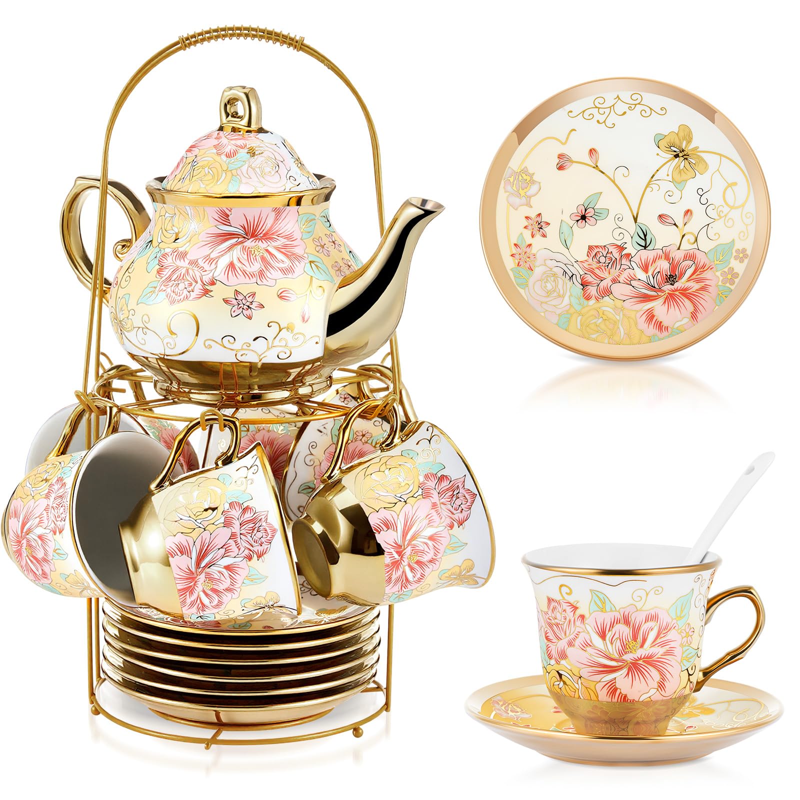 Photo 1 of **MISSING SPOON**Zhehao 20 Pcs Porcelain Tea Set with Metal Holder and Spoon Adult Ceramic Tea Set European Flower Painting Teapot Cup Saucer Spoon for Women, Large Version(Gorgeous Style)
