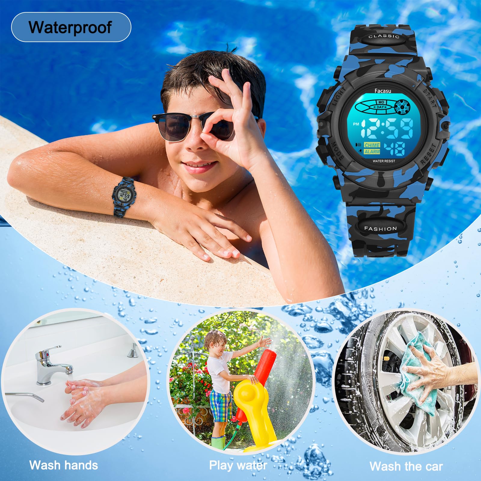 Facasu Camo Sports Watch for Boys-Waterproof Kids Digital Watch with Light, Alarm&Snooze,Stopwatch Military Design Silicone Band Gift for Birthdays,Christmas Outdoor Activities(8+ Years)