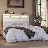 SHA CERLIN Full Bed Frame with LED Light &amp; 2-Tier Storage Shelf, Cream | Velvet Upholstered Adjustable Headboard with Charing Station, Horizontal Channel Tufted, No Box Spring Needed, Easy Assembly