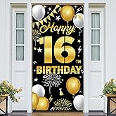 HTDZZI Happy 16th Birthday Decorations for Boys & Girls - Fabric Black & Gold 16 Birthday Backdrop Banner, Yard Sign, Photo Booth Props - Outdoor Indoor Sixteen Party Decor Supplies