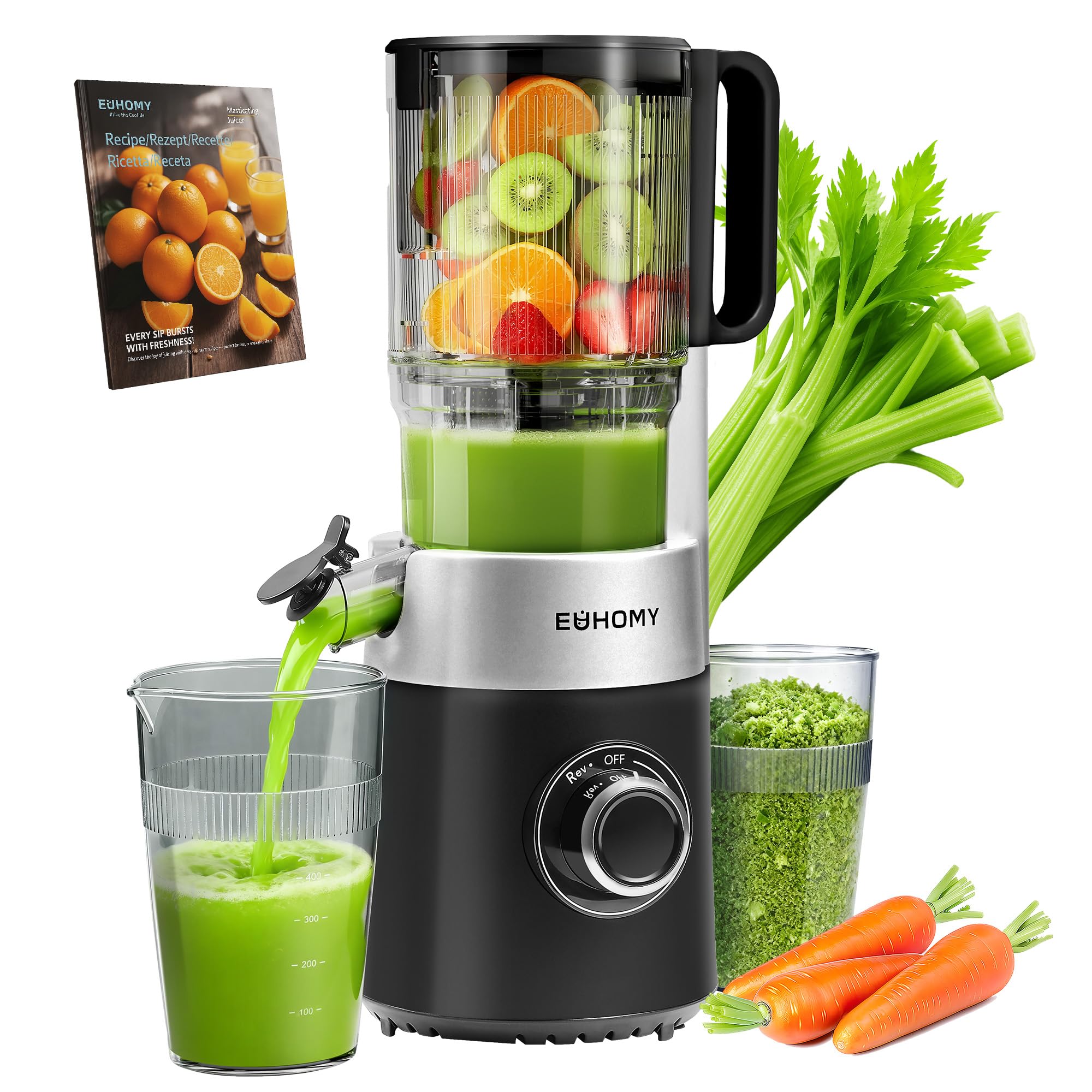 EUHOMY Cold Press Juicer Machines, 135mm&1.8L Feeding Chute for Whole Fruits and Vegetables-Liberate Your Hands, 220W Slow Masticating Juicer with Auto-cutting Auger, Safety Lock