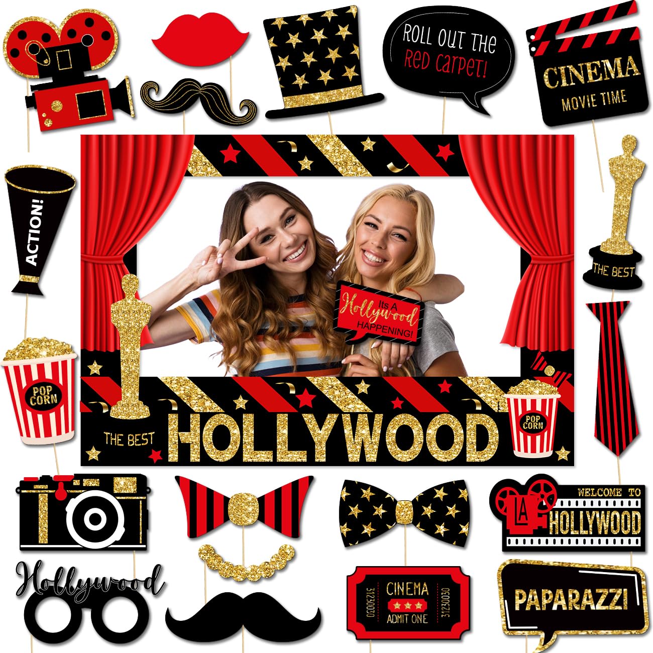 Photo 1 of Hollywood Theme Party Decorations Movie Night Photo Booth Props Hollywood Photo Frame and Props for Movie Theater Themed Red Carpet Birthday Party Favors Supplies, 21 Pieces