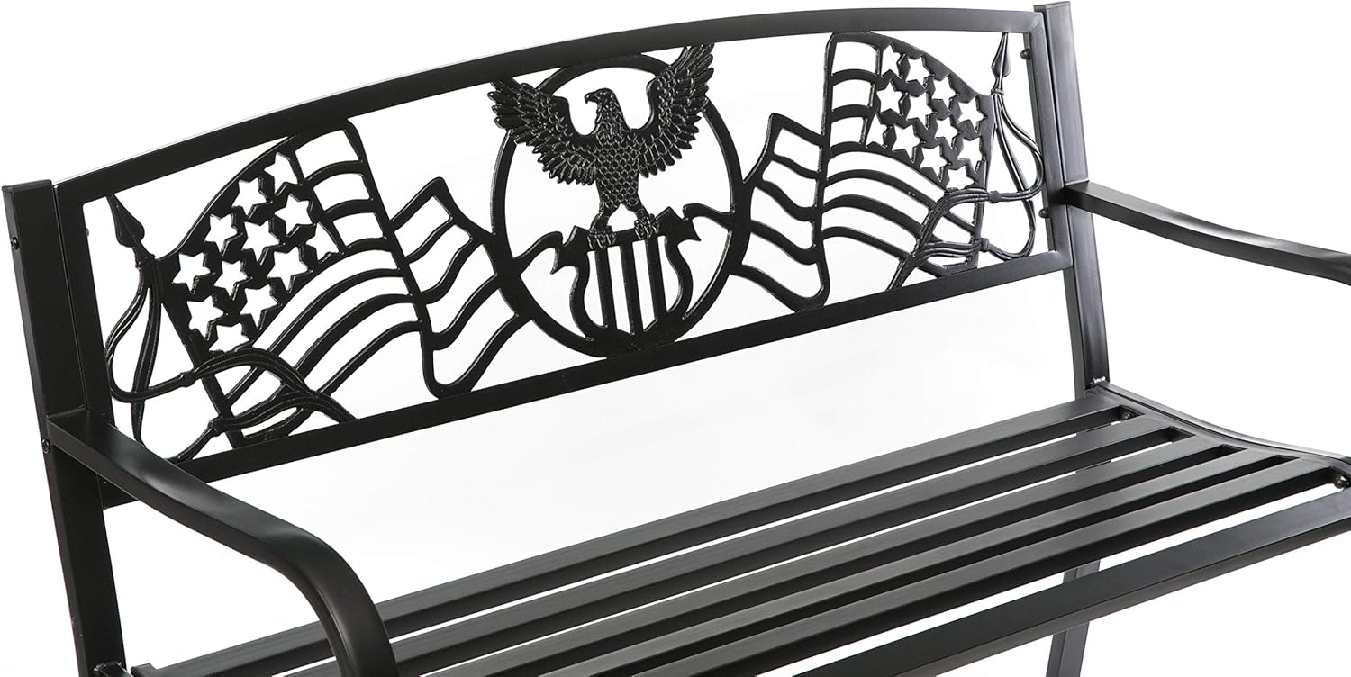 Gardenised Steel Outdoor Patio Garden Park Bench with Cast Iron American Flag Backrest, Black: Furniture & Decor