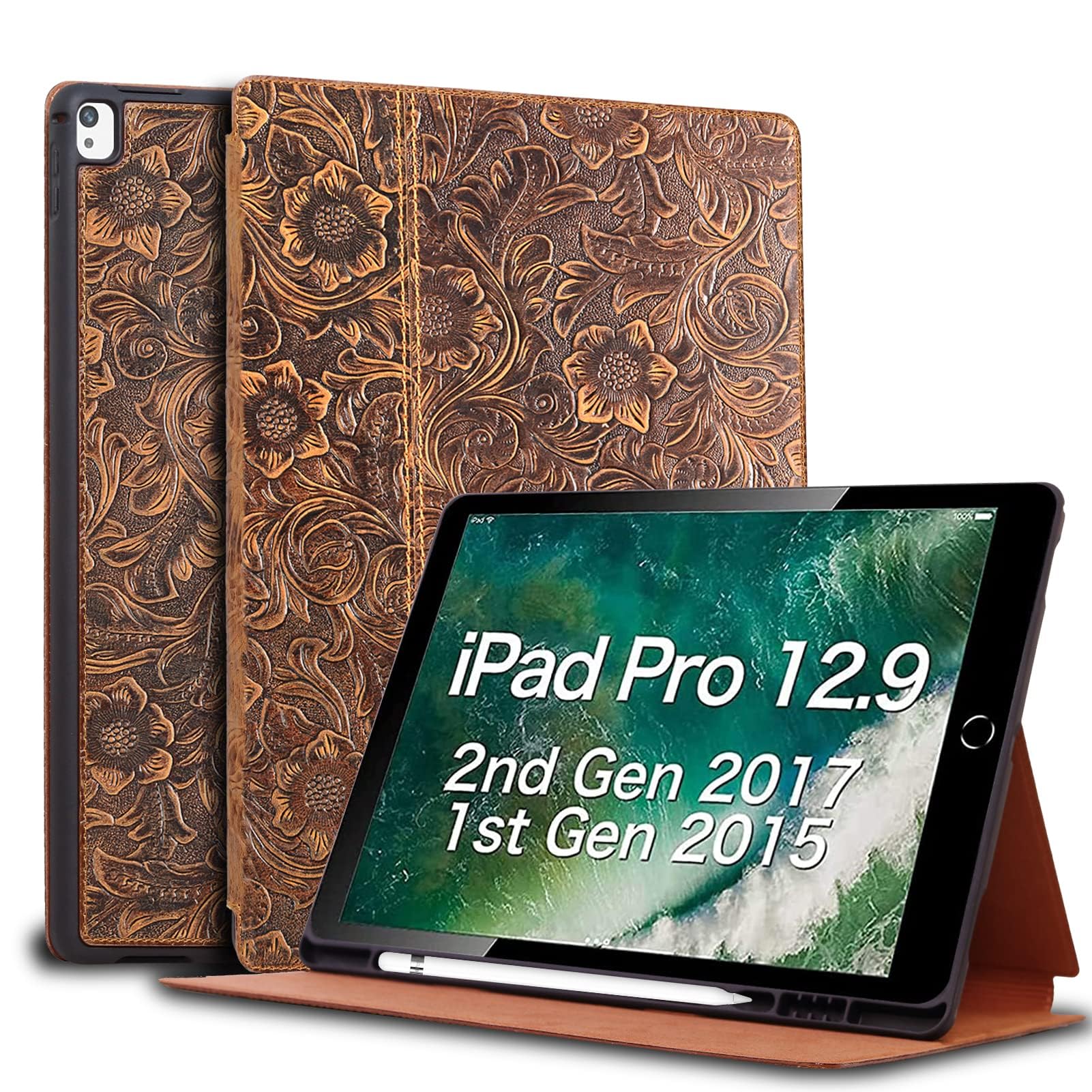 Gexmil 2017/2015 iPad Pro 12.9 Inch Case (Old Model) 1st & 2nd Gen Case with Stand Genuine Leather case + Sleep/Wake Real Leather Cover for Men & Women