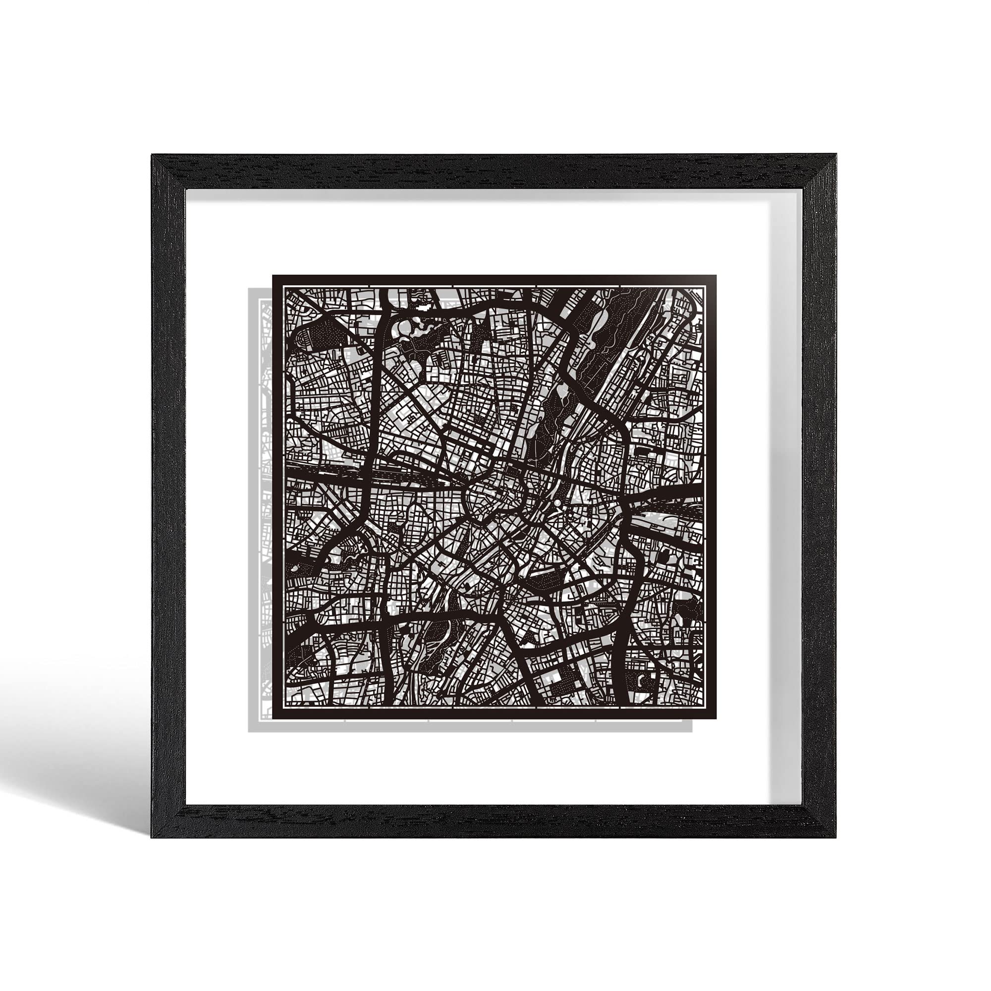 O3 DESIGN STUDIO Munich Marco de Papel para mapas, Black map, Black frame, 9x9 inches, Gift Boxed, 2 background color, self-changing, Paper Art