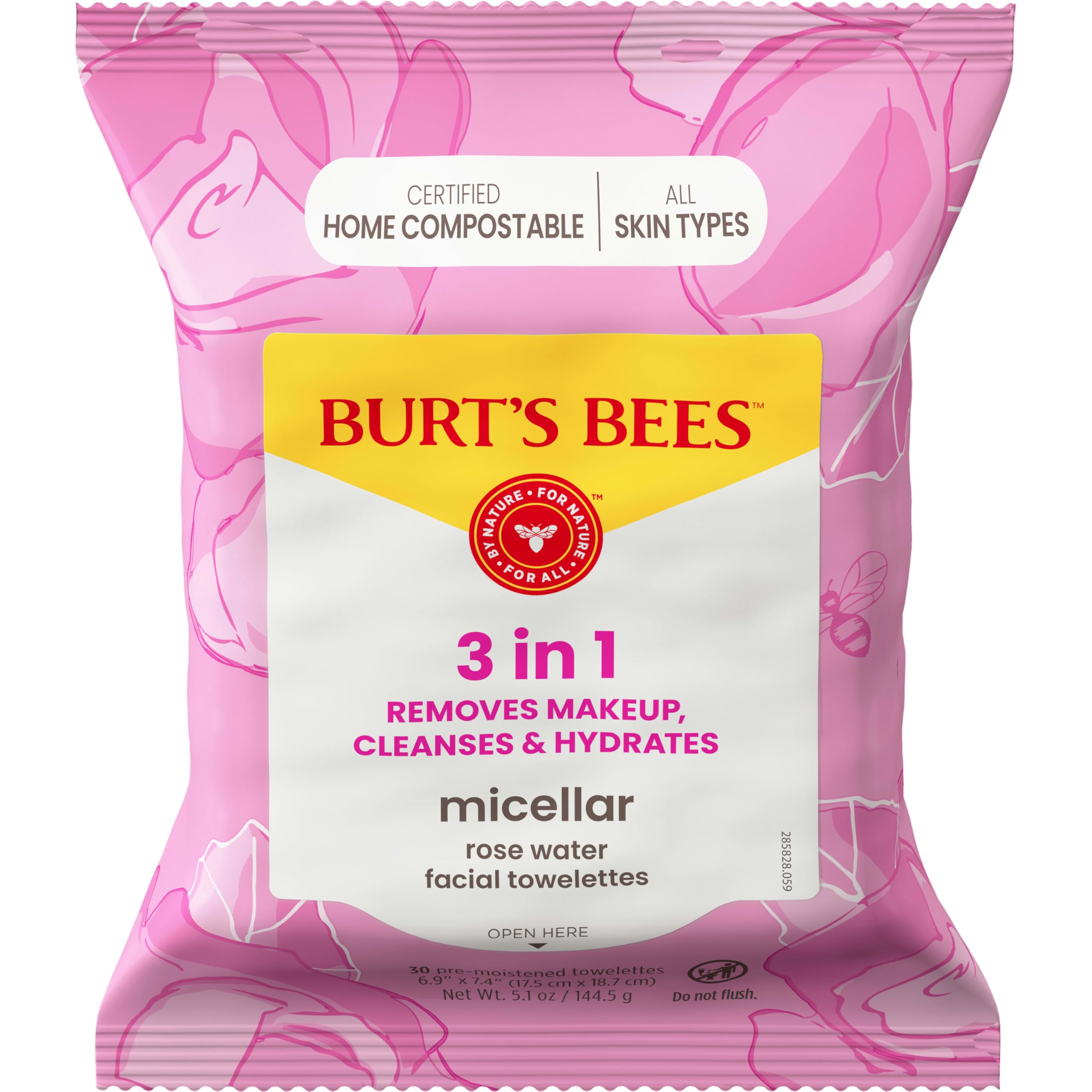 Burt’s Bees Micellar Rose Water Facial Towelettes, 100% Plant Based Cloth; 99% Natural Origin; Remove Makeup, Cleanse, Hydrate; No Greasy, Oily Residue; All Skin Types (Pack May Vary)