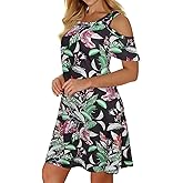 Tanst Sky Women Cold Shoulder Dress Floral Printed Short Sleeve Sundress with Pocket