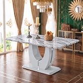 JUFU 63-Inch Light Gray Faux Marble Dining Table with Pedestal Base | 63-inch light gray faux marble-look dining table with pedestal base for daily meals, kitchens, apartments, and dining rooms