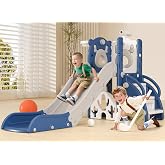 XJD 7 in 1 Toddler Slide, Kids Indoor Slide for Toddlers 12 to 36 Months | New Upgrade with Golf, Basketball Hoop for Indoor Outdoor Playset, Birthday Gifts for Toddler (Blue Gley)