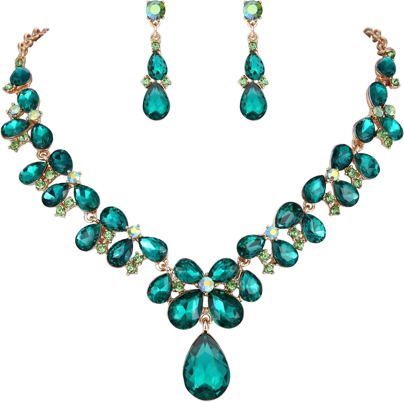 Women's Wedding Bridal Crystal Teardrop Cluster Statement Necklace Dangle Earrings Set