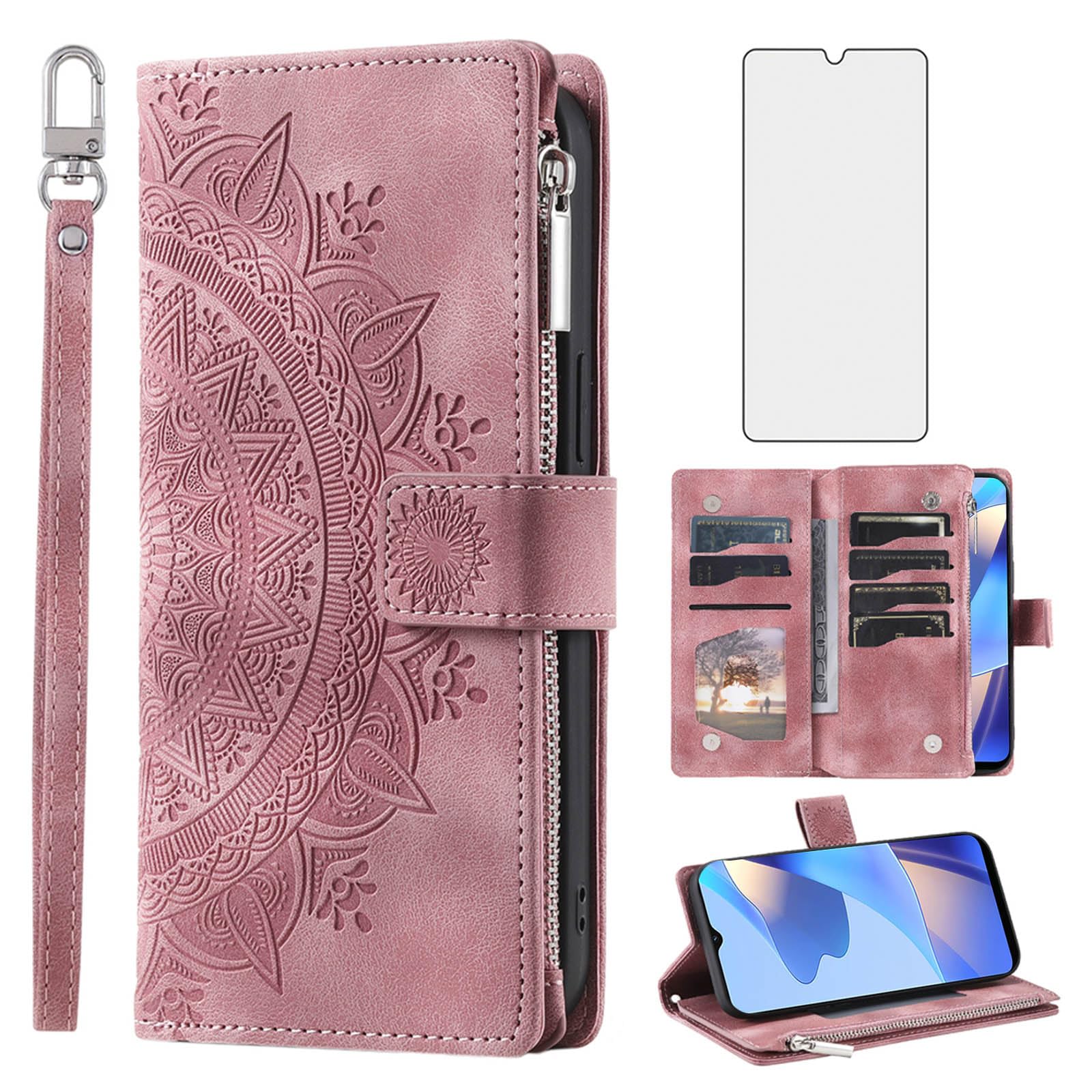 Asuwish Phone Case for OPPO A16/A16S/A54s Wallet Cover With Tempered Glass Screen Protector and Wrist Strap Mandala Flower Leather Flip Zipper Credit Card Holder Stand Cell CPH2273 Women Men Rose Gold