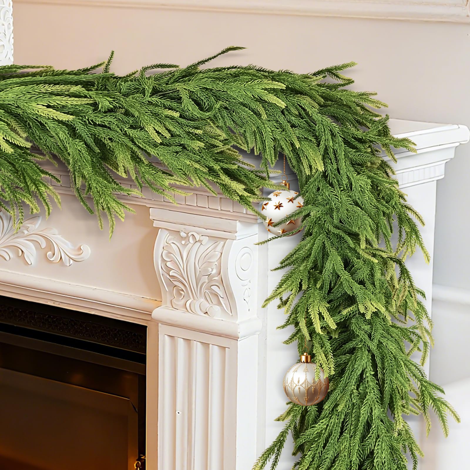 Photo 1 of TERRALYX 2 Pcs 6 Ft Christmas Garlands Artificial Norfolk Pine Garlands, Real Touch Winter Pine Garland, Green Artificial Greenery Garland for Table, Mantle, Wall, Indoor, Outdoor Christmas Decoratio