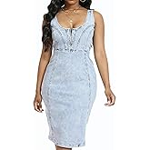 lithbest Women's Denim Dress Sexy Side Slit with V-Neck Zipper Bodycon Sleeveless Jeans Short Dresses