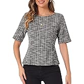 Allegra K Tweed Top for Women's Round Neck Short Sleeve Pullover Work Office Blouse