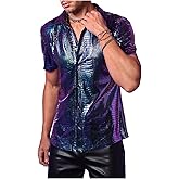 WDIRARA Men's 70s Sparkly Disco Top Crocodile Pattern Metallic Rave Button Down Shirt Short Sleeve Party T Shirt