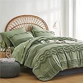 Sage Green Tufted Comforter Set Queen Size 7 Piece Bed in a Bag, Shabby Chic Boho Comforter and Sheet Set, Pom Pom Textured Bed Set, All Season Soft Microfiber Complete Bedding Set(Green,Queen)