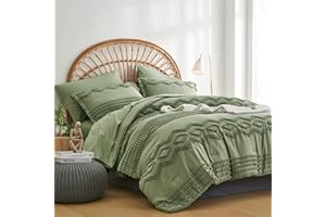 KAKIJUMN Sage Green Tufted Comforter Set Queen Size 7 Piece Bed in a Bag, Shabby Chic Boho Comforter and Sheet Set, Pom Pom Textured Bed Set, All Season Soft Microfiber Complete Bedding Set(Green,Queen)